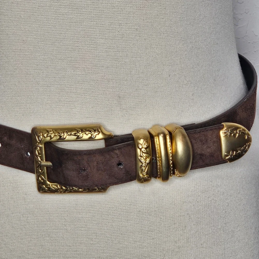 Vintage Express Brown Leather Belt Gold Western Concho Buckle Made Korea Medium